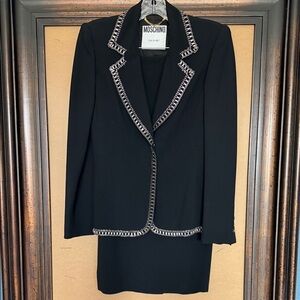 Vintage Moschino Couture Black Blazer w/ Silver Hook & Eye Edging and Slim Skirt
